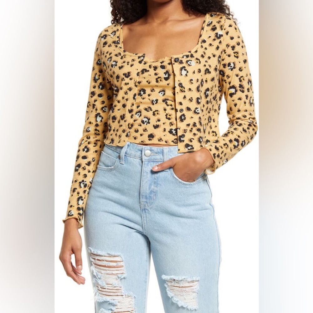 bp Cropped Cardi Cami 2pc Ribbed Long Sleeve Leopard Print Small Lettuce Hem